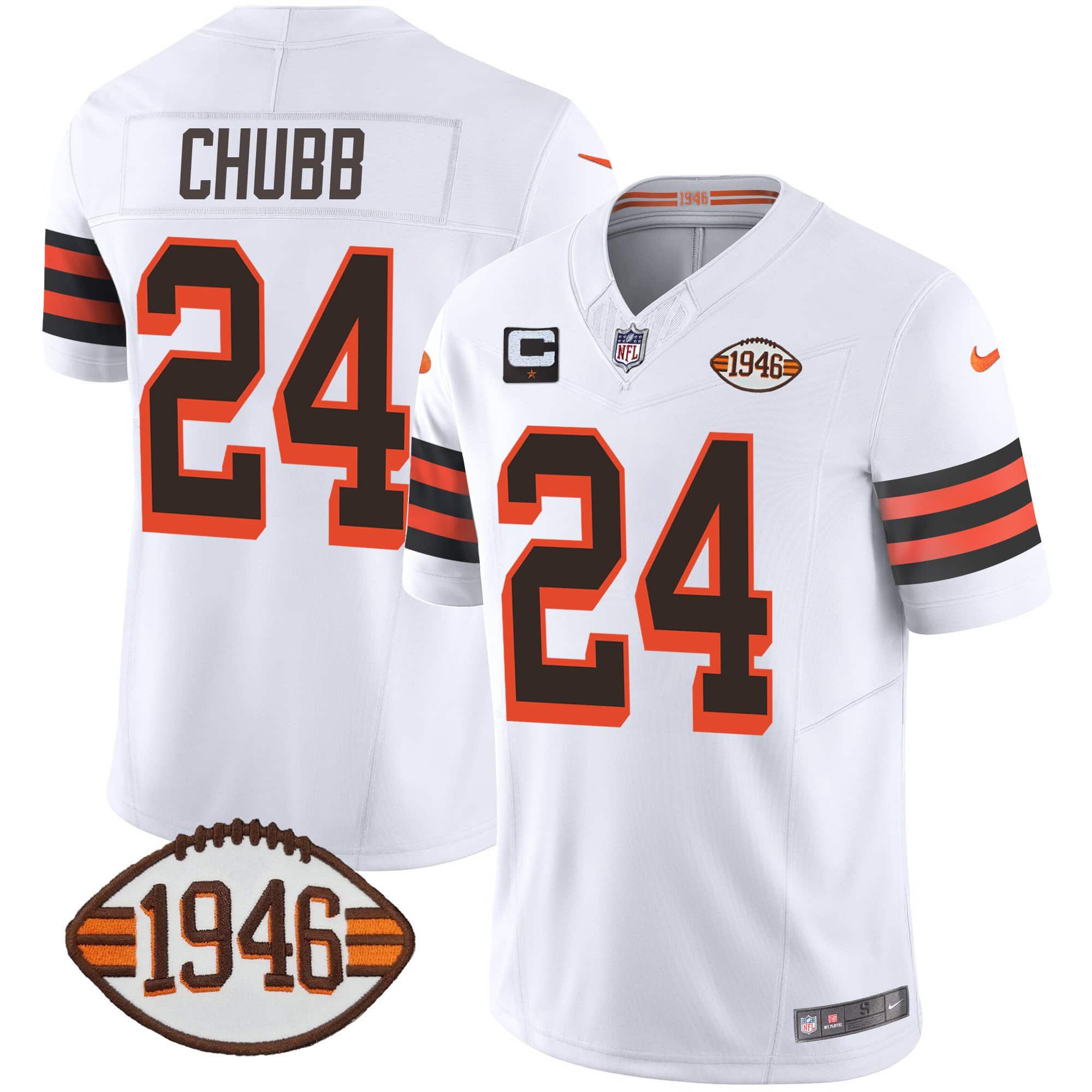 Men Cleveland Browns 24 Chubb White 1946 75th Anniversary Patch 2024 Nike NFL Jersey